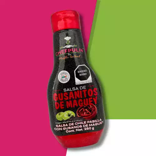 Salsa de chile pasilla con gusano de maguey bote de plastico 250ml